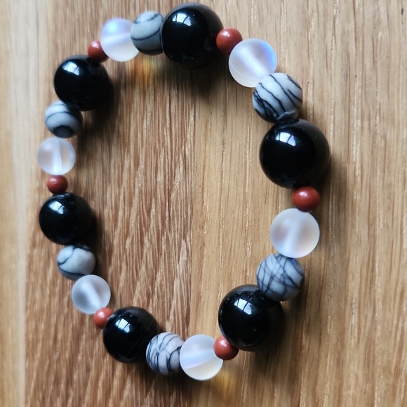 Handcrafted Bracelet Golden Obsidian Spiderweb Jasper & Red Jasper Bead Stretch - Picture 3 of 8